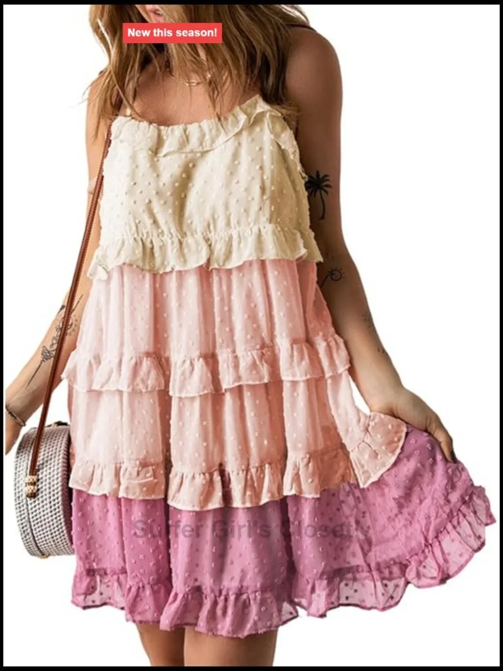 Women's Swiss Dot Babydoll Mini Dress with Spaghetti Straps and Ruffle Hem